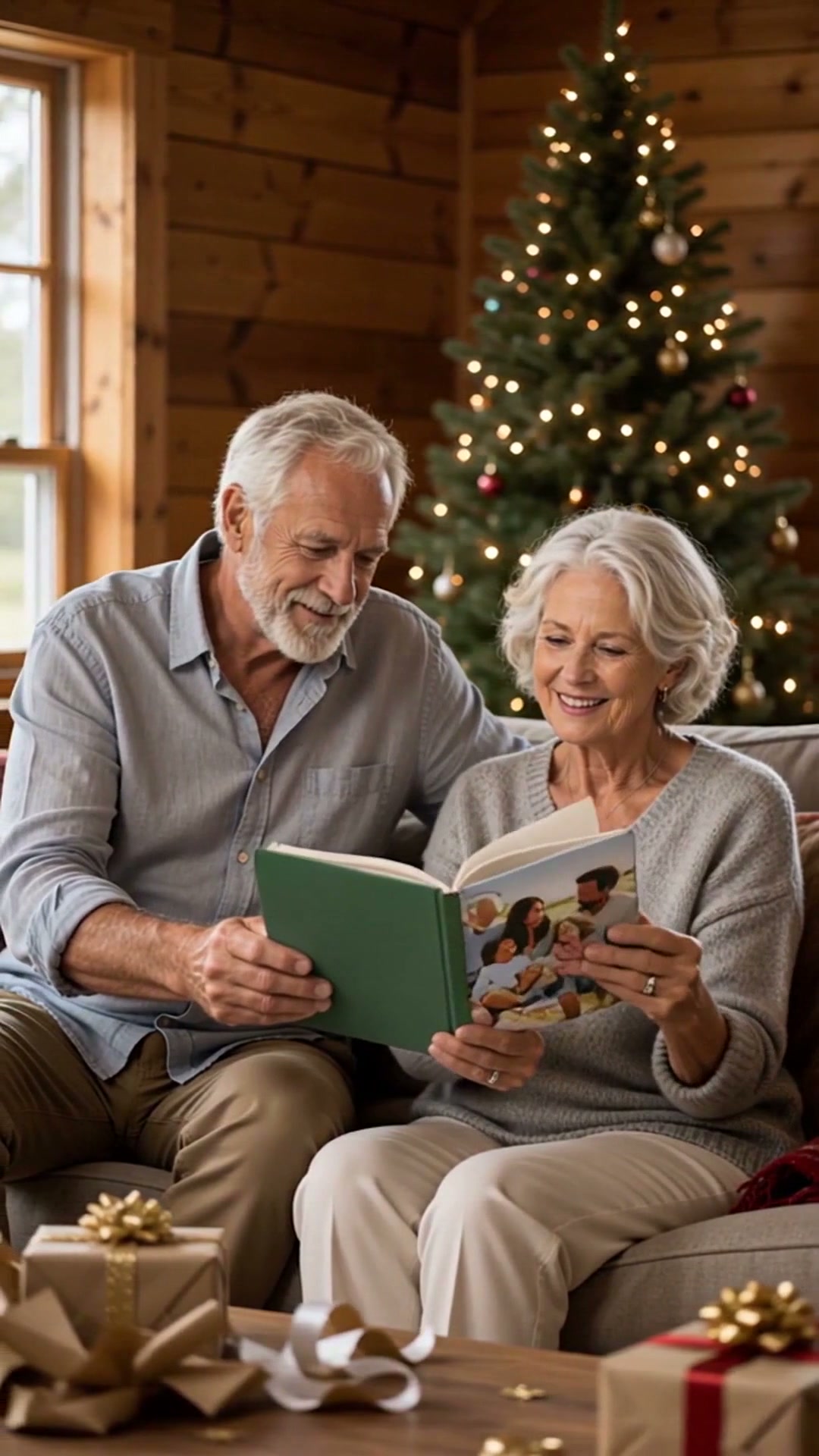 Grandparents sharing a quiet moment with their family photo book