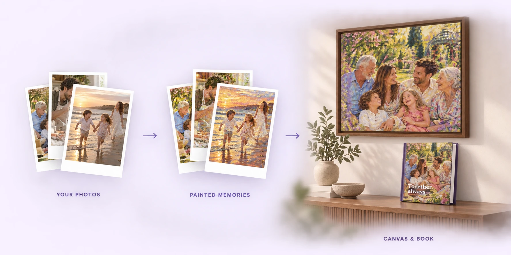 Original family photos transformed into painted memories, then displayed as a framed living-room canvas with a matching hardcover book below