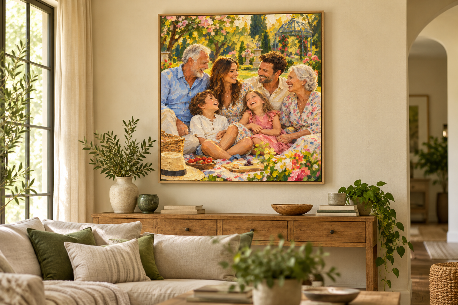 A family painting displayed on a warm living-room wall